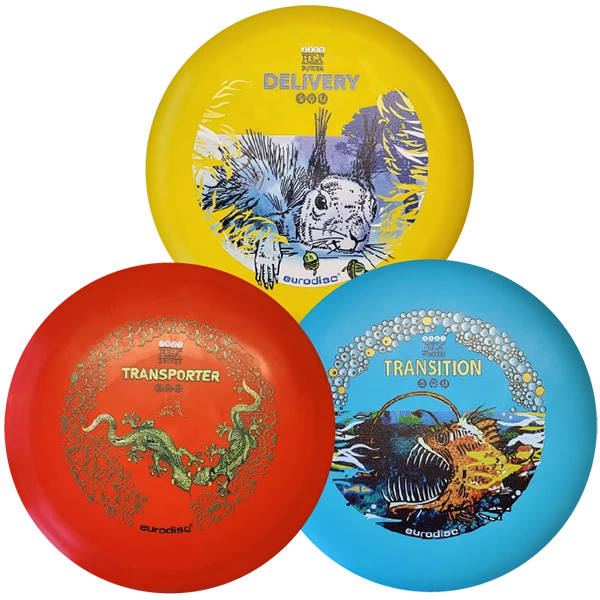 eurodisc® Disc Golf Einsteigerset 3 Scheiben, Design: Animals, gelb-hellblau-orange